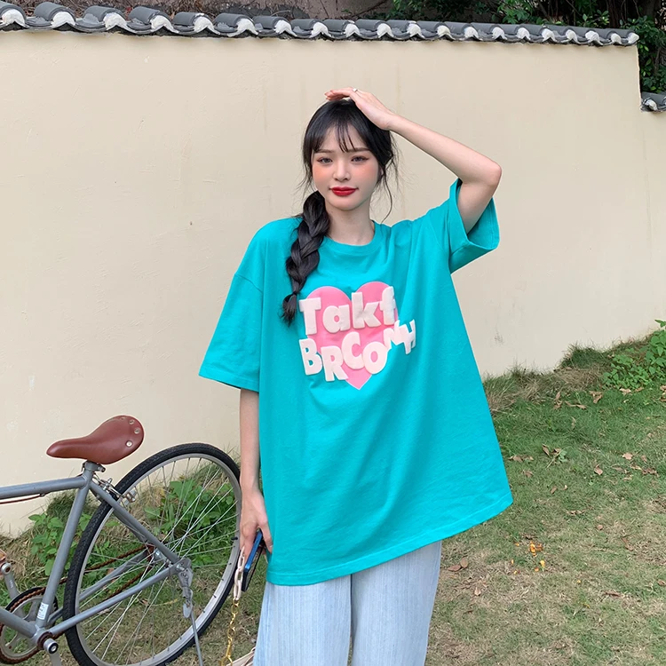 

2021 summer new black love printed short-sleeved T-shirt women's summer net red loose large version of Harajuku