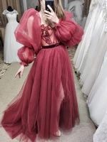wine red black dress for women sexy puff sleeve fashion a line front split evening party formal dresses 2021