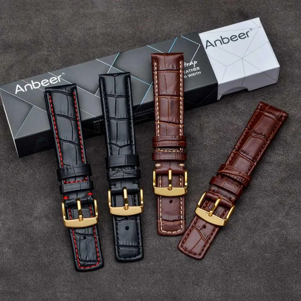 Anbeer Watch Band 18mm 20mm 22mm Luxury Business Style Bracelet  Croco Grain Genuine Leather Watch Strap for Men Women