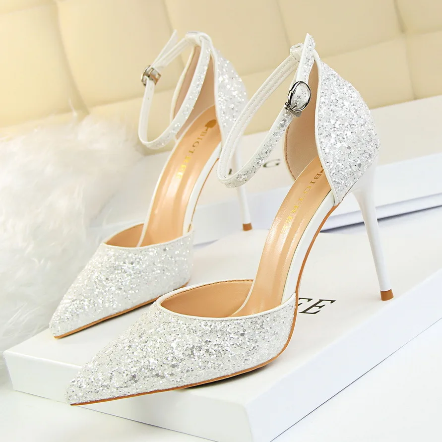 

wind thin heel shallow mouth pointed hollow heel high Sequin sexy nightclub slim one line with women's sandals