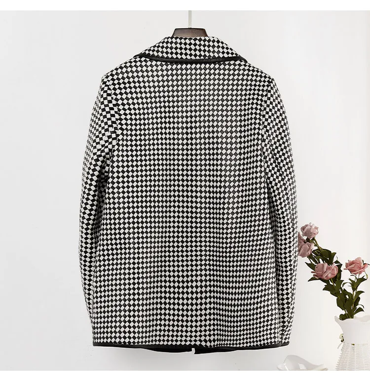 Autumn Korean Style Women's High Quality Black White Plaid Kintted Genuine Leather Jackets C251
