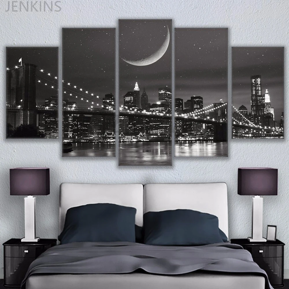 

5 Pieces New York Canvas Paintings Wall Art NO Frame Home Decor Moonscape Pictures HD Prints Brooklyn Bridge Poster Jenkins