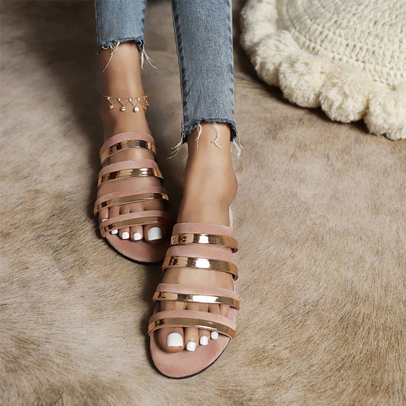 

Flat Slippers for Women Summer Beige Pink Black Comfortable Simplicity Casual Flat with Fashion Young Gladiator Bling