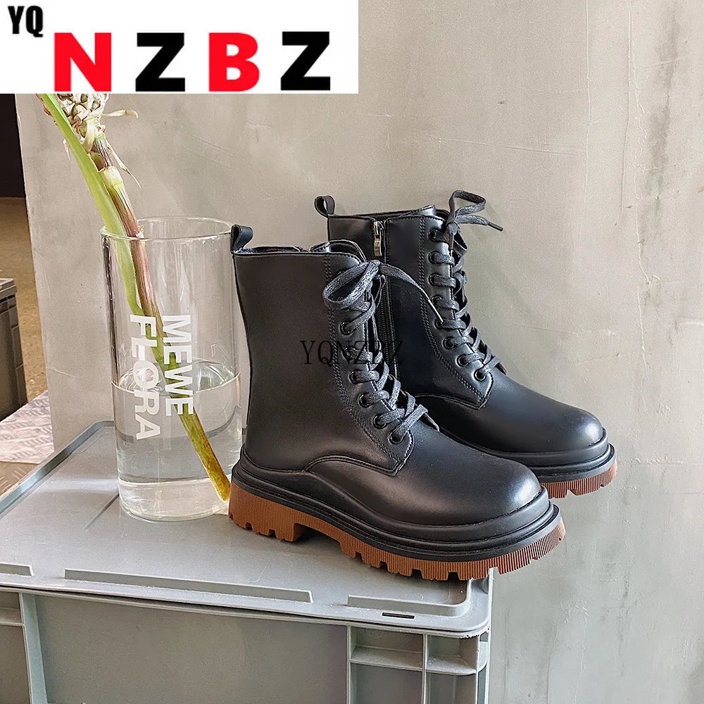 

Black Martens Boots Women Mid Calf Boots Platform Ankle Booties Autumn Winter Retro Round Toe Motorcycle Boots Botines Mujer