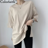colorfaith new 2021 women spring summer t shirts solid oversized bottoming half sleeve wild minimalist split midi tops t1201