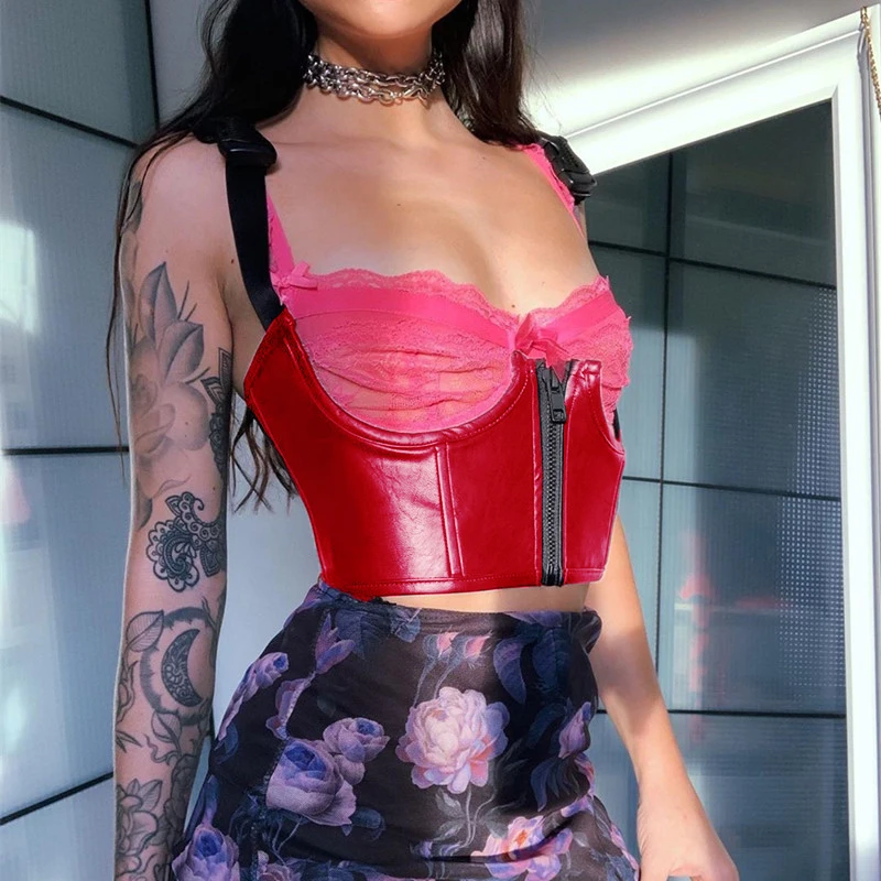 

Женские бюстье, школьный ранец с пряжкой, корсеты на бретелях-спагетти, топы из искусственной кожи, укороченные топы, сексуальные летние жен...