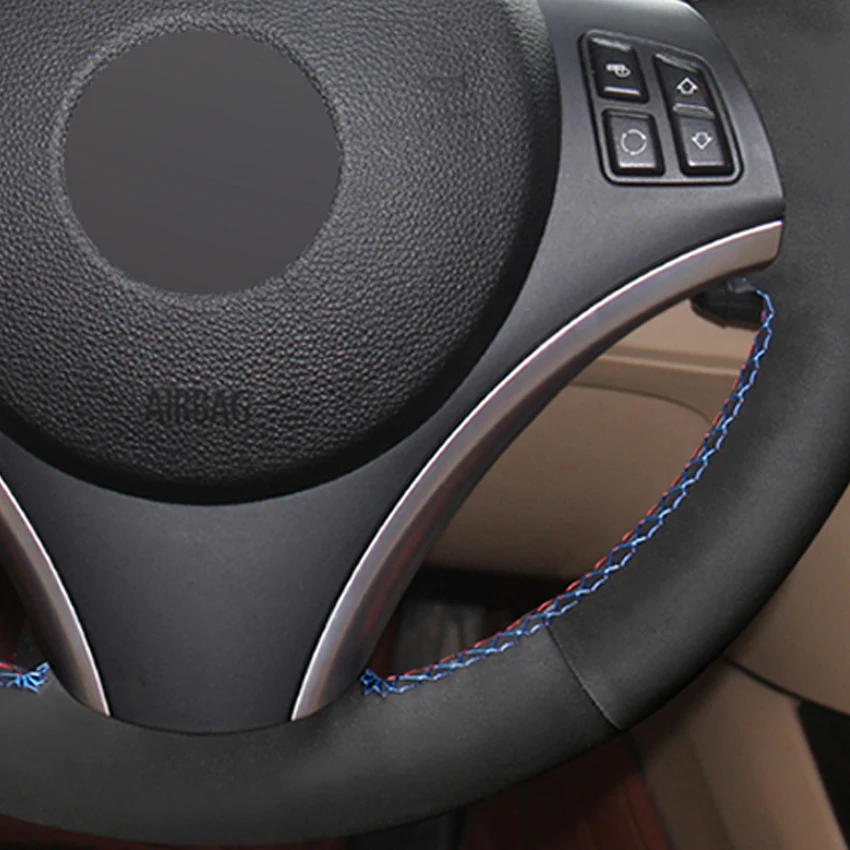 

LQTENLEO DIY Hand Sew Car Steering Wheel Cover Black Suede For BMW M Sport 1 Series E87 E81 E82 E88 120i 130i 120d X1 E84