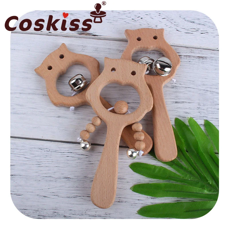 

Coskiss Wooden Baby Rattle Toy Baby Toy Animal Bear Owl Beech Sensory Teethers Safe Hand Bell Rattle Montessori Stroller Toy