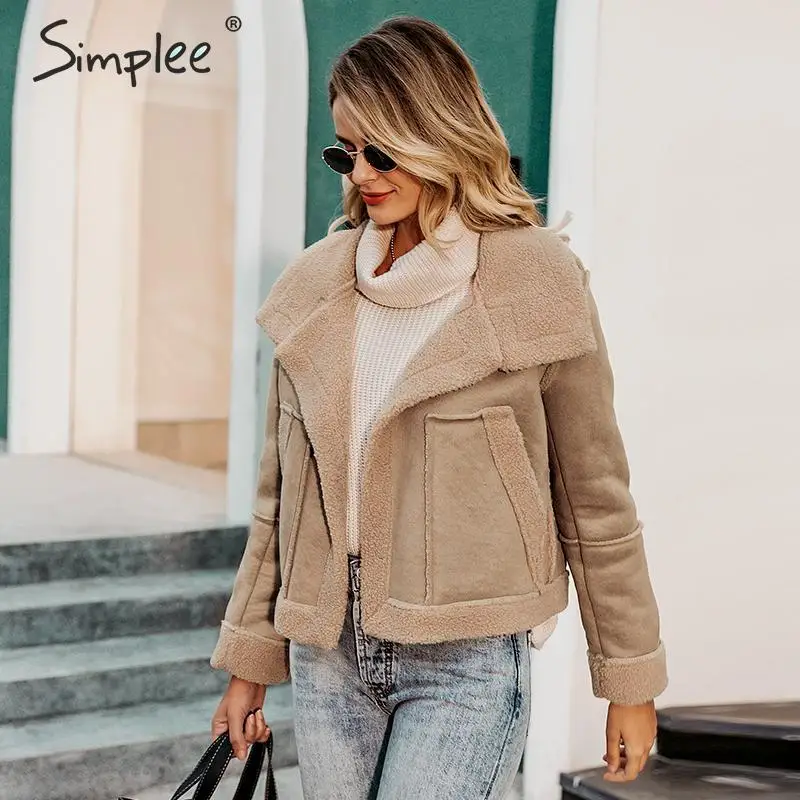 Simplee, модное замшевое лоскутное Женское пальто с искусственным мехом, Осень-зима, большие карманы, женские теплые куртки, верхняя одежда, Офисная Женская верхняя одежда