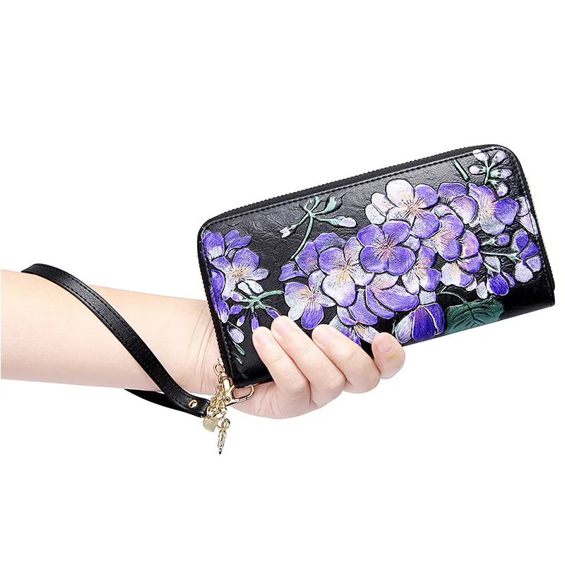 Кошелек из натуральной кожи с вышитым принтом длинный карман на молнии для монет