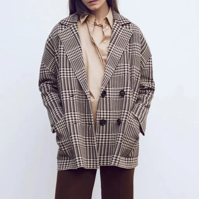 

Женский винтажный двубортный Блейзер Za, свободный уличный пиджак из твида с длинным рукавом, осень 2021