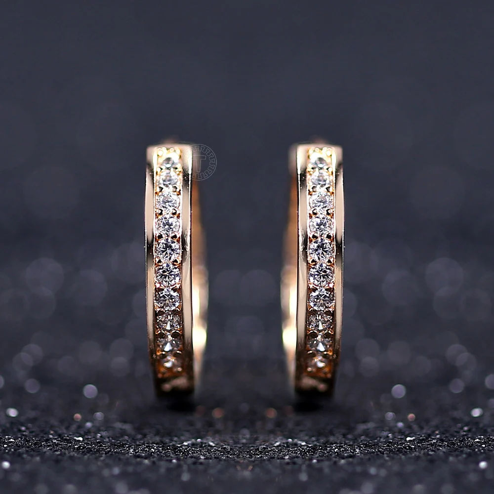 Dangle Huggie Earrings for Women Girls 585 Rose Gold Hoop Clear Cubic Zircon Wedding Party Fashion Jewelry DGEM38 | Украшения и