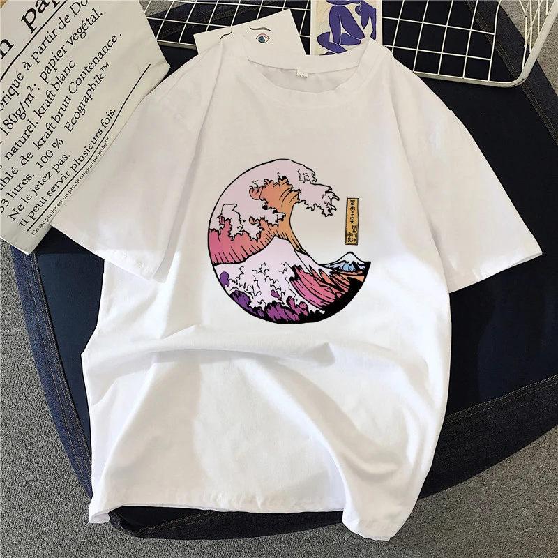 

Great wave and Sunrise Printed Women T Shirt Aesthetic Tshirts Short Sleeve Casual White Top Tee Female Harajuku T-Shirts Woman