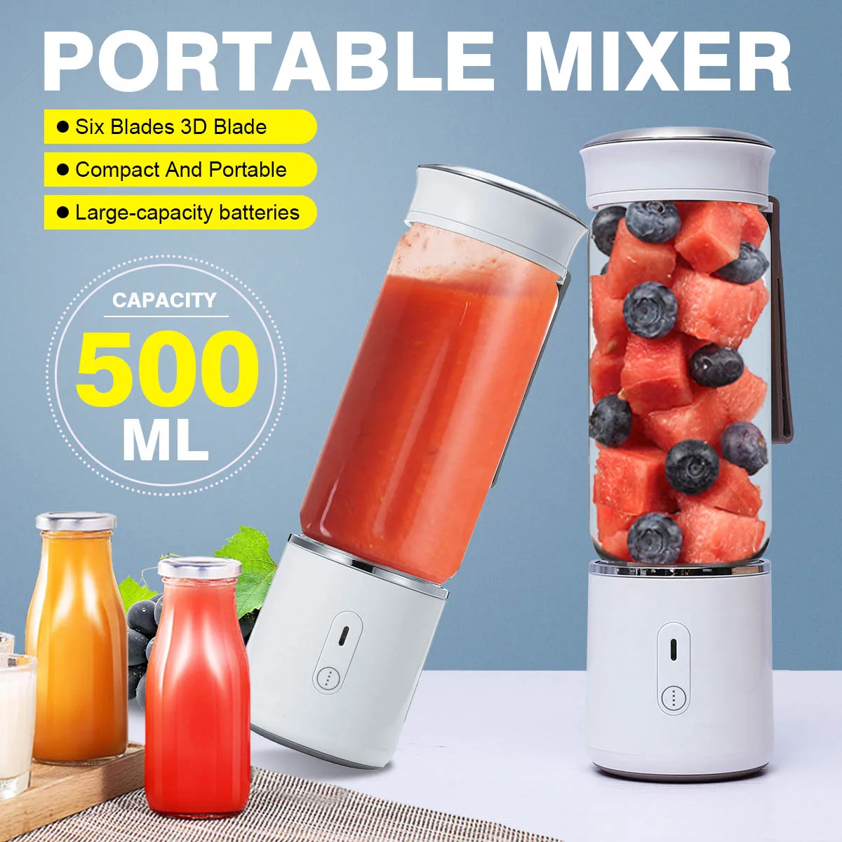 

AUGIENB 500ml Electric Fruit Juicer Glass Mini Portable Handheld Smoothie Maker Blenders Mixer USB Rechargeable for Home Travel