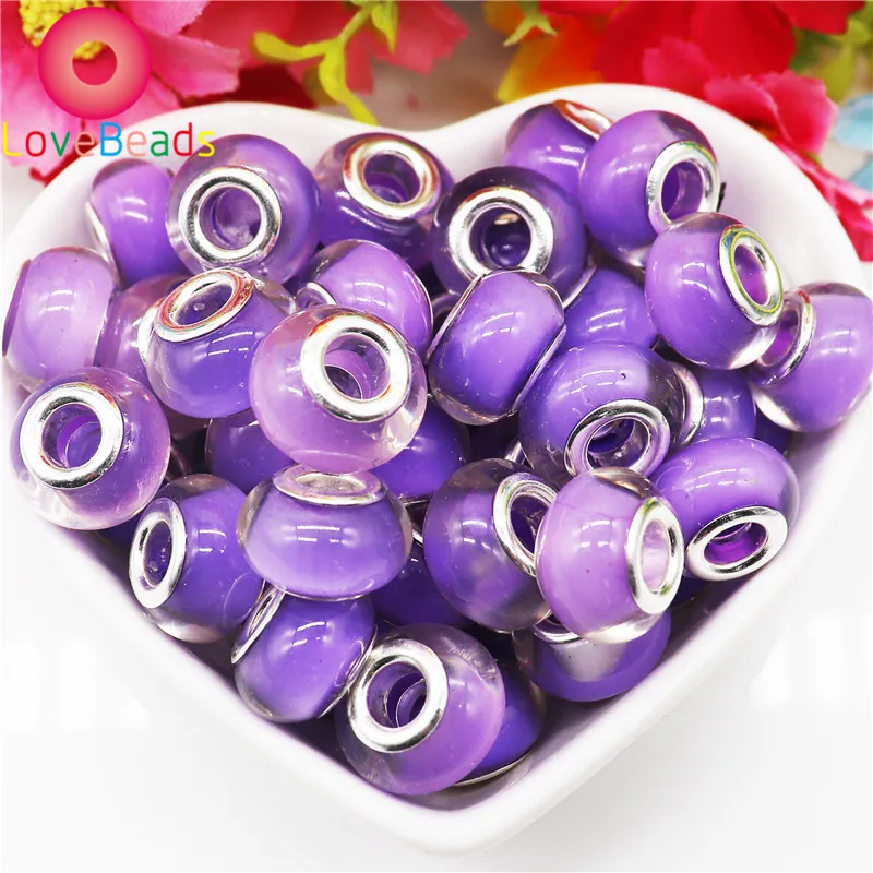 

10pcs Wholesale Clear Cute Color Large Hole Silver Plated Cores Charms Murano Spacer fit European Pandora Bracelet DIY Jewelry