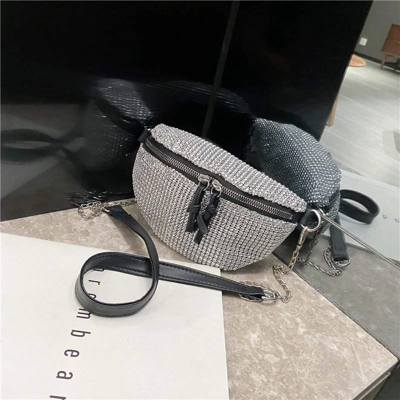 2020 New Women Waist Bags Diamonds Ladies Fanny Pack Fashion Chest Bag Banana Rhinestone Chain Crossbody Shoulder Belt | Багаж и сумки