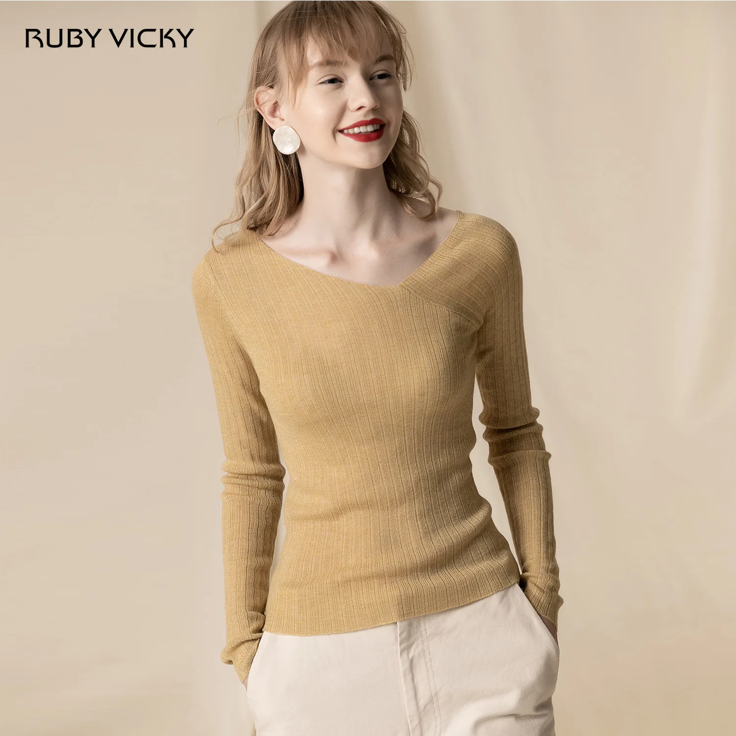 Женский Повседневный свитер Ruby Vicky Однотонный с диагональным плечом джемпер на
