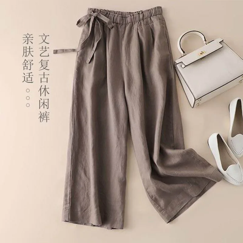 

9026 Casual Pants Summer Women 2020 Fashion Soft Comfortable Loose Thin Unique Side Lacing Retro Big Size Mom Wide Leg Trousers