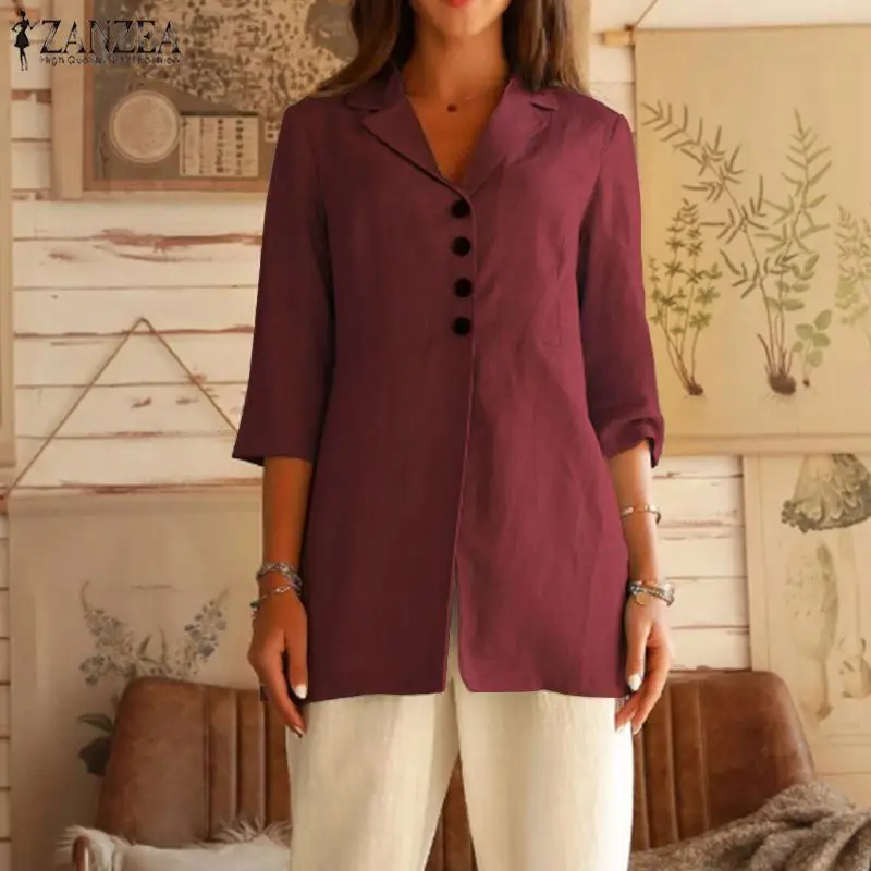 

2021 Autumn 3/4 Sleeve Blusas ZANZEA Fashion Thin Blazers Women Solid Lapel Single Button Blazer Female Tunic Tops Oversized