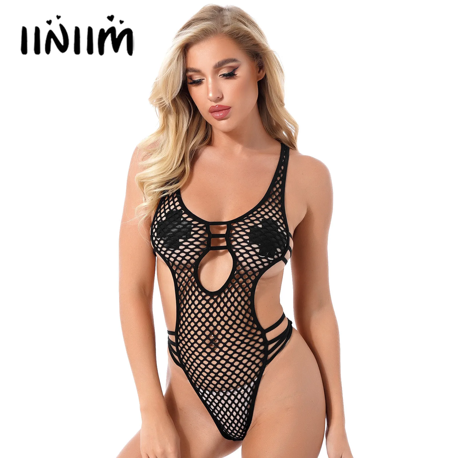 

Womens Lingerie Sexy Bodysuit Hollow Out Fishnet Plunging Neckline Strappy Leotard See-through Mesh Cutout High Cut Teddies