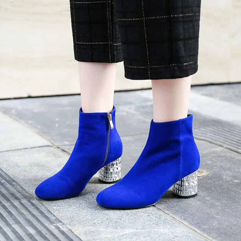 Женские замшевые ботильоны Phoentin синие полусапожки на высоком каблуке с
