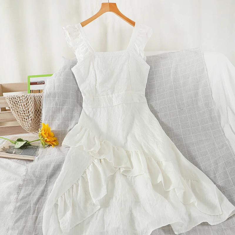 

FMFSSOM 2021 Summer Preppy Style White Medium Dress Women Casual Square Collar Ball Gown Draped Loose elegant Knee-Length Dress
