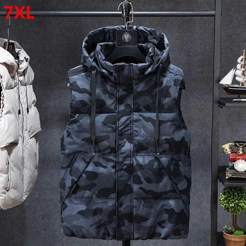 

Plus Size Men's Vest Winter Korean Camouflage Trend Casual Hooded Vest Top Plus Loose 7XL 6XL