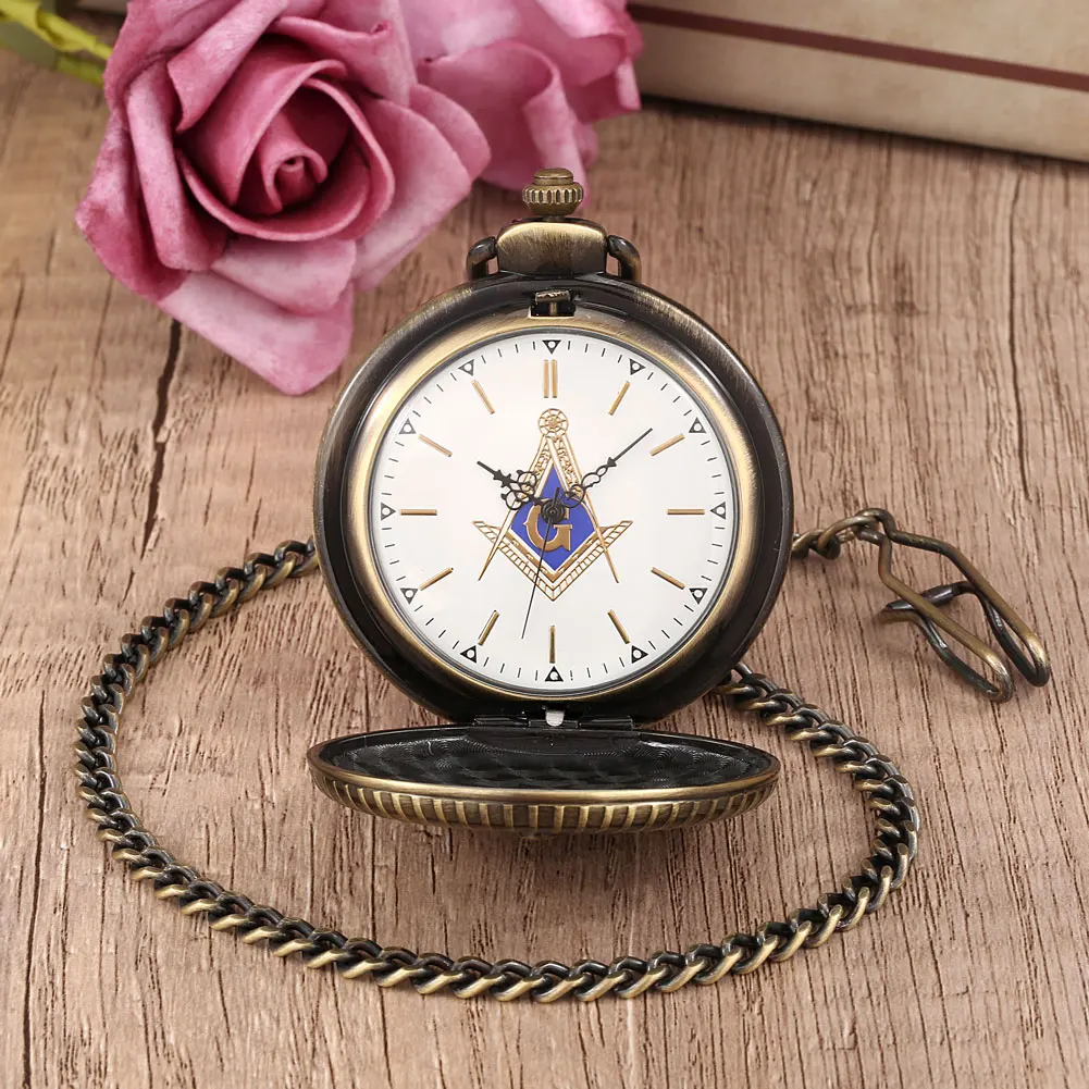 Vintage Bronze Quartz Pocket Watch Freemasonry Masonic G Logo Theme Quartz Pocket Watch Necklace Pocket Souvenir Clock Gift