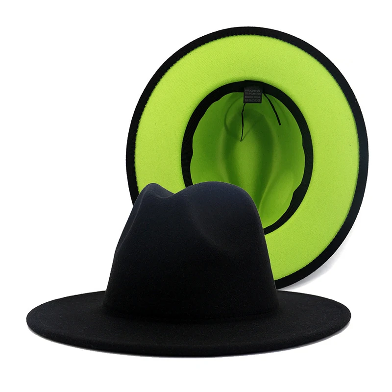 

Two-color stitching wool felt jazz fedora hat with belt buckle decoration ladies unisex wide-brim Panama party tribal cowboy hat