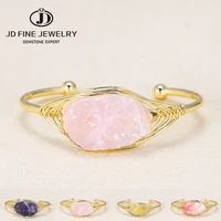 jd vintage style natural irregular big fluorite stone bangle connector charm texture gold wire open cuff bracelet for women