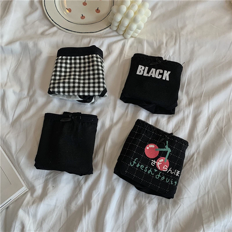 Черные трусики с принтом вишни 4 предмета нижнее белье со средней талией для