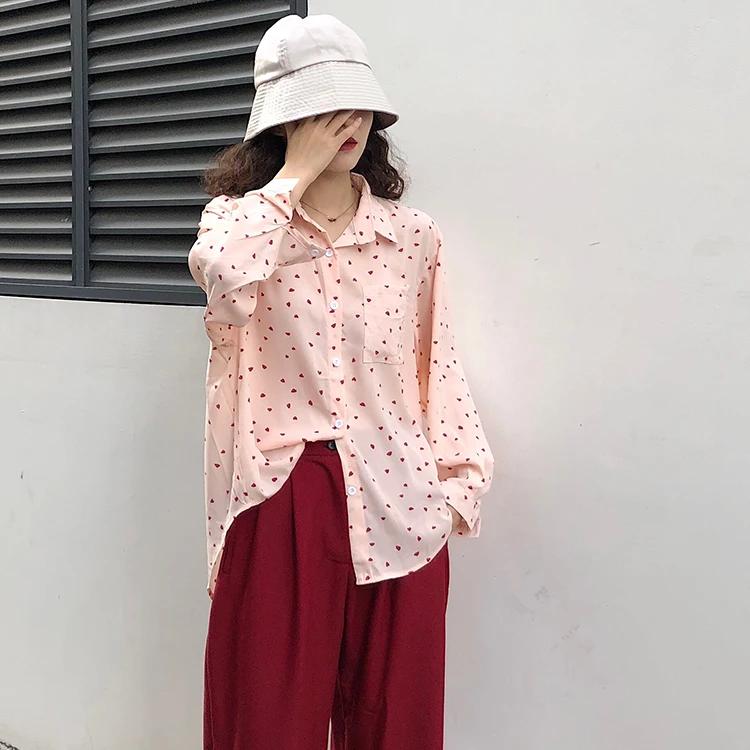 

New Womens Tops Fashion Summer autumer long sleeve Leisure Chiffon Blouse Casual Female Bow pink tops Heart shape Blusas