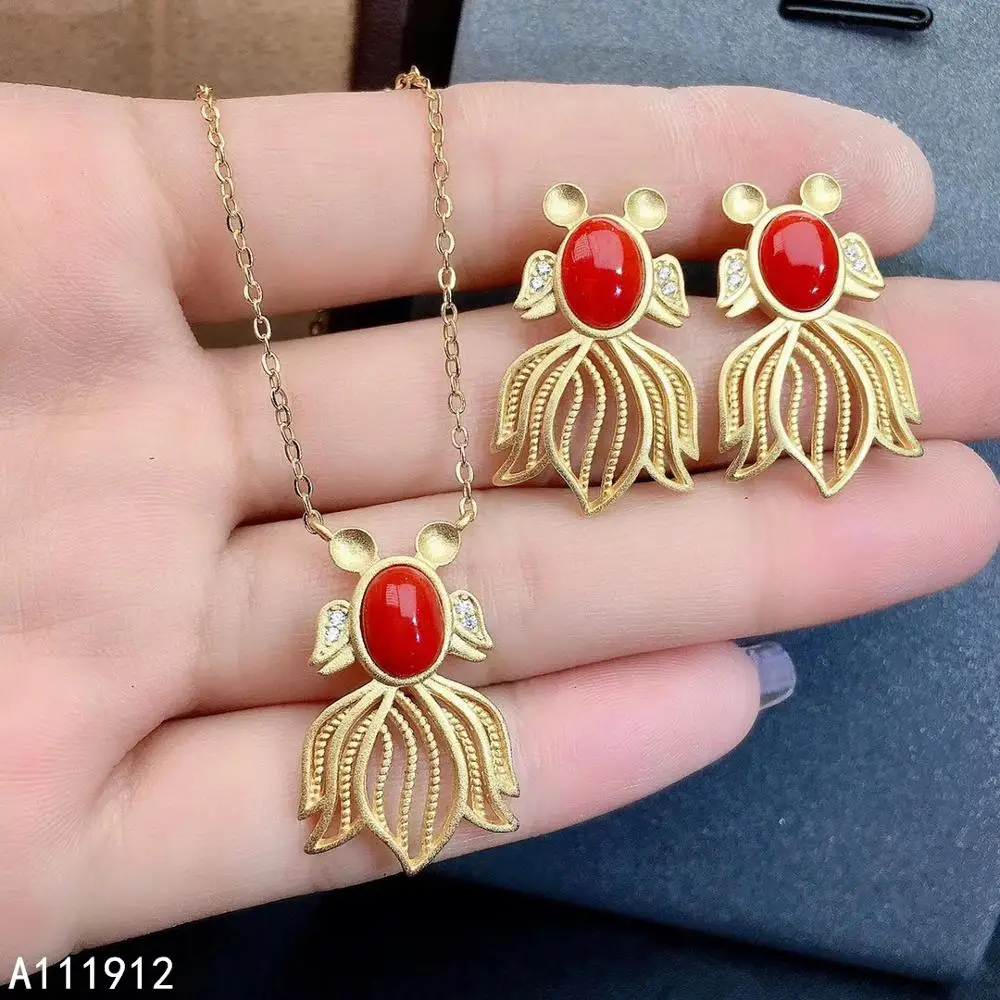 KJJEAXCMY fine jewelry natural red coral 925 sterling silver women pendant necklace chain earrings set support test popular