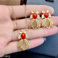 kjjeaxcmy fine jewelry natural red coral 925 sterling silver women pendant necklace chain earrings set support test popular