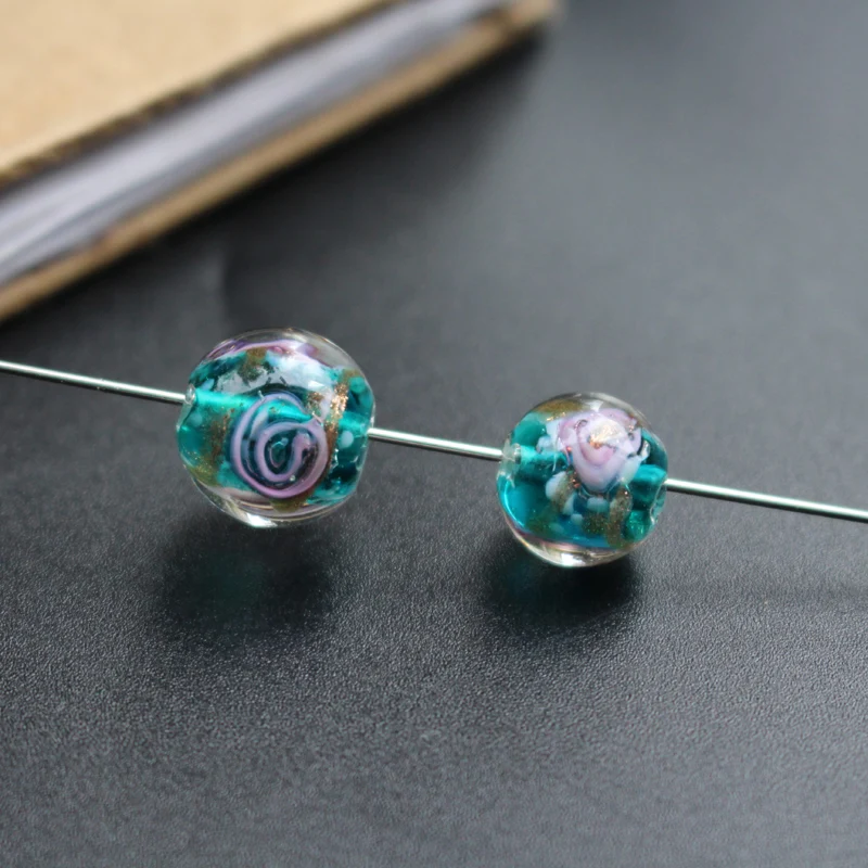 10Pcs 10mm 12mm Handmade Lampwork Glass Flower Beads With Gold Powder Teal Green for jewelry making Wholesale and Retail | Украшения и