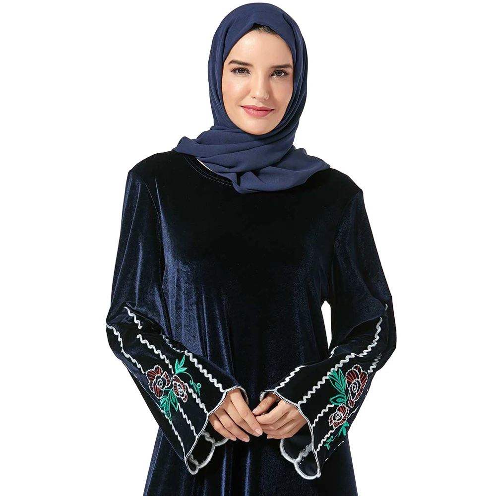 Dubai Women Long Sleeve Maxi Dress Muslim Abaya Velvet Embroidery Robe Kaftan Islamic Party Gown Arab Turkish Middle East Cloth |