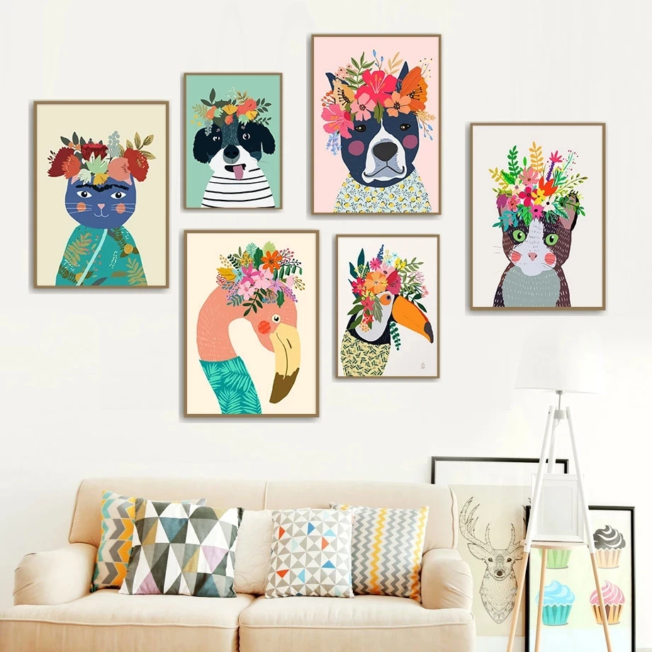 

Colorful Flower Pets Flamingo Dog Cat Toucan Nordic Posters And Prints Wall Art Canvas Painting Wall Living Room Home Decoration