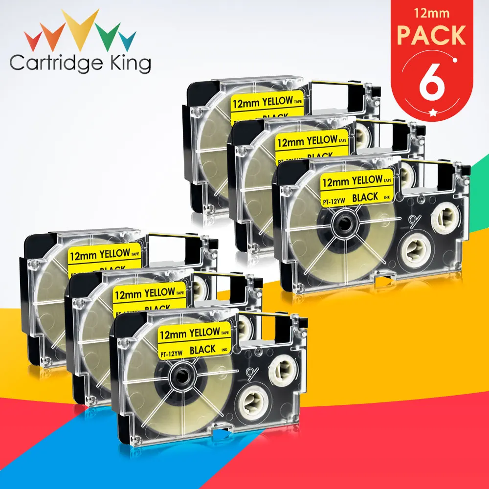 6PK XR 12YW 12 мм лента для маркировки Замена для объектива с оптическими зумом Casio этикетировщик черный на желтом цвете XR-12YW для KL-T100 KLD-200 KL-A40 EL-700 принтер