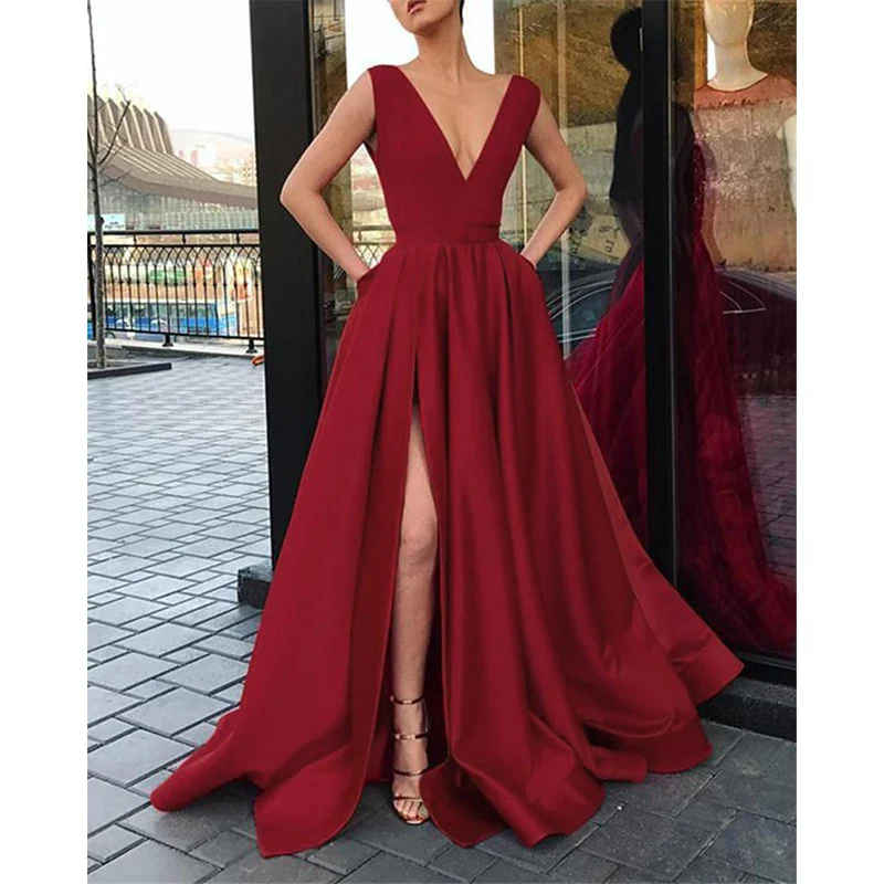 Платье для выпускного вечера, длинное, сексуальное, атласное, Vestido formatura размера плюс, платье для выпускного вечера с v-образным вырезом, с карманами, длинное платье для выпускного вечера, Vestidos De Festa