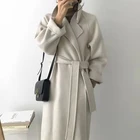 Женское длинное шерстяное пальто с поясом, модная верхняя одежда, универсальная ветровка в стиле ретро, повседневное теплое шерстяное пальто, зимнее пальто оверсайз 2021