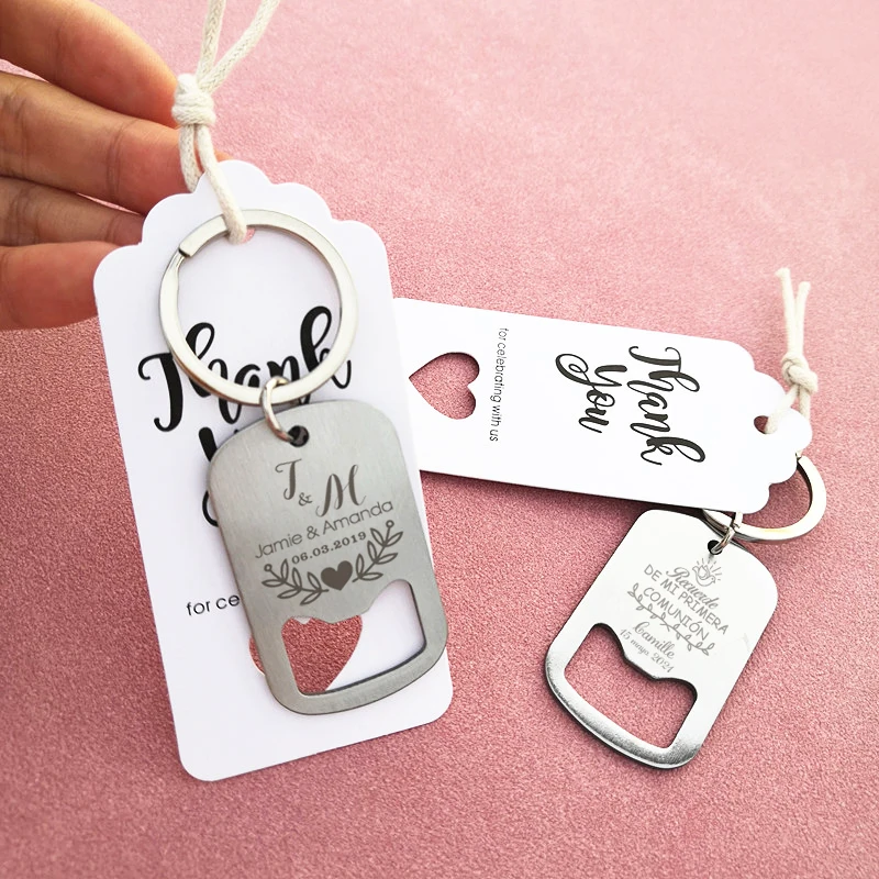 

20pcs Personalized Engraved Stainless Steel Beer Bottle Opener Keychains keyrings Wedding Party Gift Favor Openers Organza Bag