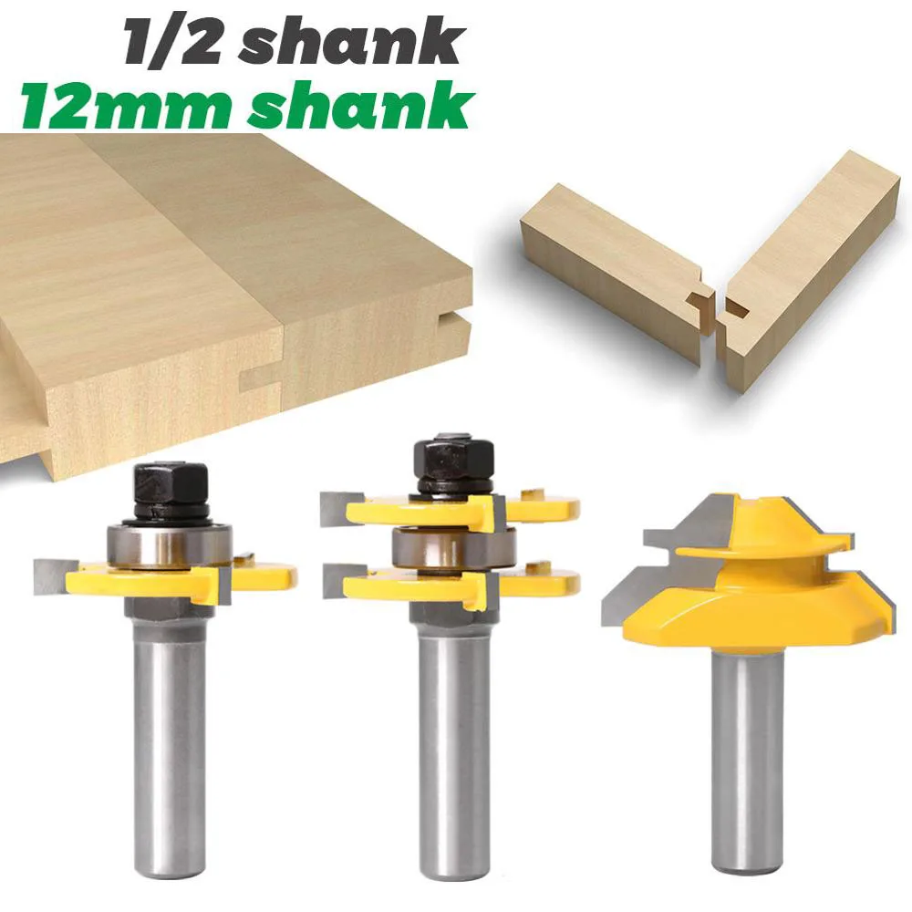 

3PC/Set 1/2" 12.7MM 12MM Shank Milling Cutter Wood Carving Tongue and Groove Router Bit Tool Set 45 Degree Lock Miter Router Bit