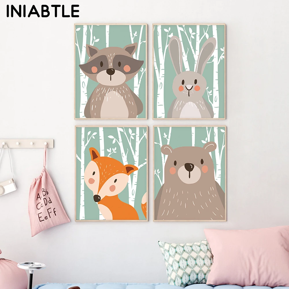 Милые животные лес плакат и принты для детской стены картина комнаты украшение