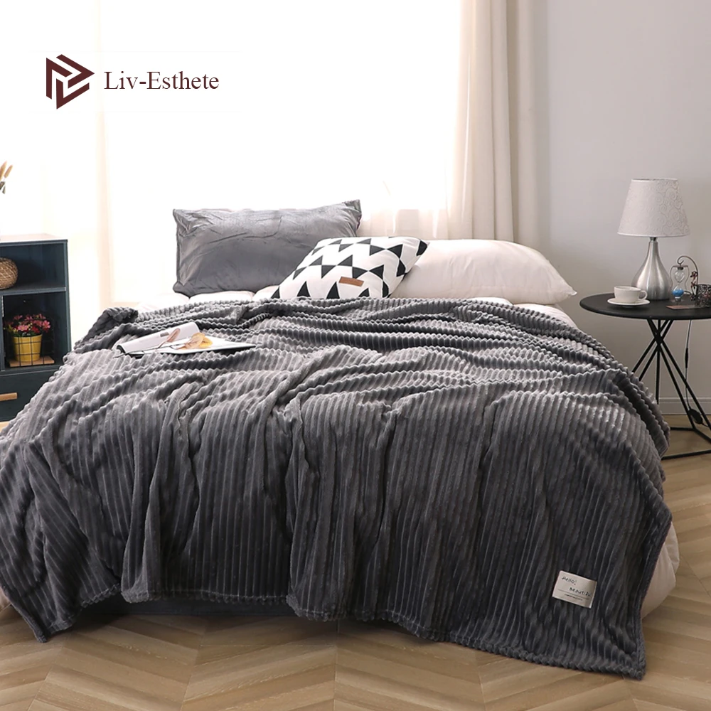 

Liv-Esthete Gray Solid Blanket Flannel Office Aircraft Bed Sofa Active Printing Throw Blanket Portable Travel Cover Man Blanket