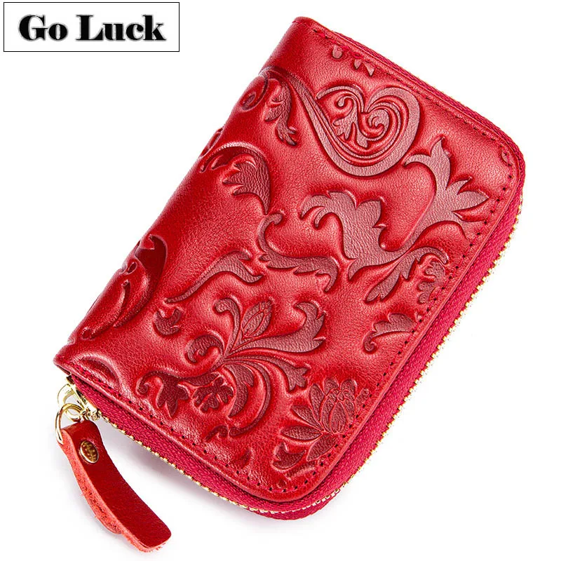 Бренд GO-LUCK, новинка, RFID, натуральная кожа, 12 бит, держатель для кредитных ID карт, кошелек, женский, на молнии, Круглый, Чехол для карт, Сумка с цветочным рисунком