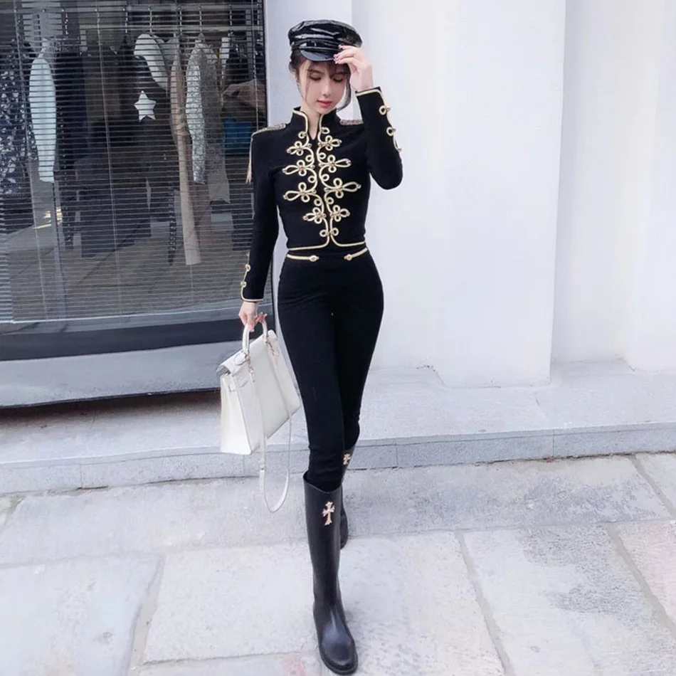 New Autumn And Winter Ladies Club Bandage Suit Black White Fringed Shirt And Pants 2 Pieces Two-Piece Club Party Suit - Цвет: Черный