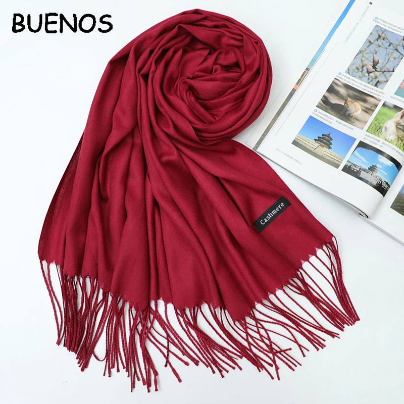 BUENOS осенне зимний искусственный кашемировый однотонный красный шарф большой