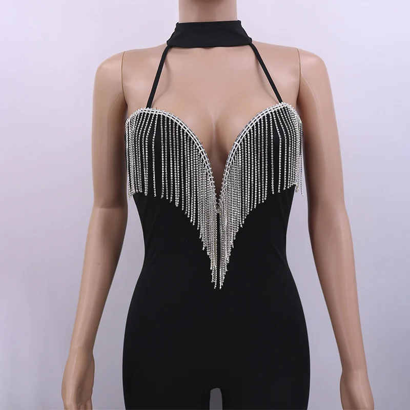 

Women Choker Sleeveless Diamond Tassel Jumpsuits Sexy Strapless V Neck Bandage Rompers Female Backless Night Club Lady Bodysuits