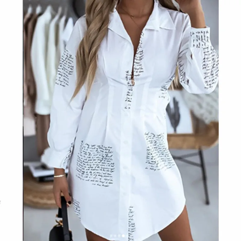 Женское офисное платье рубашка на пуговицах черно белое с длинным рукавом и