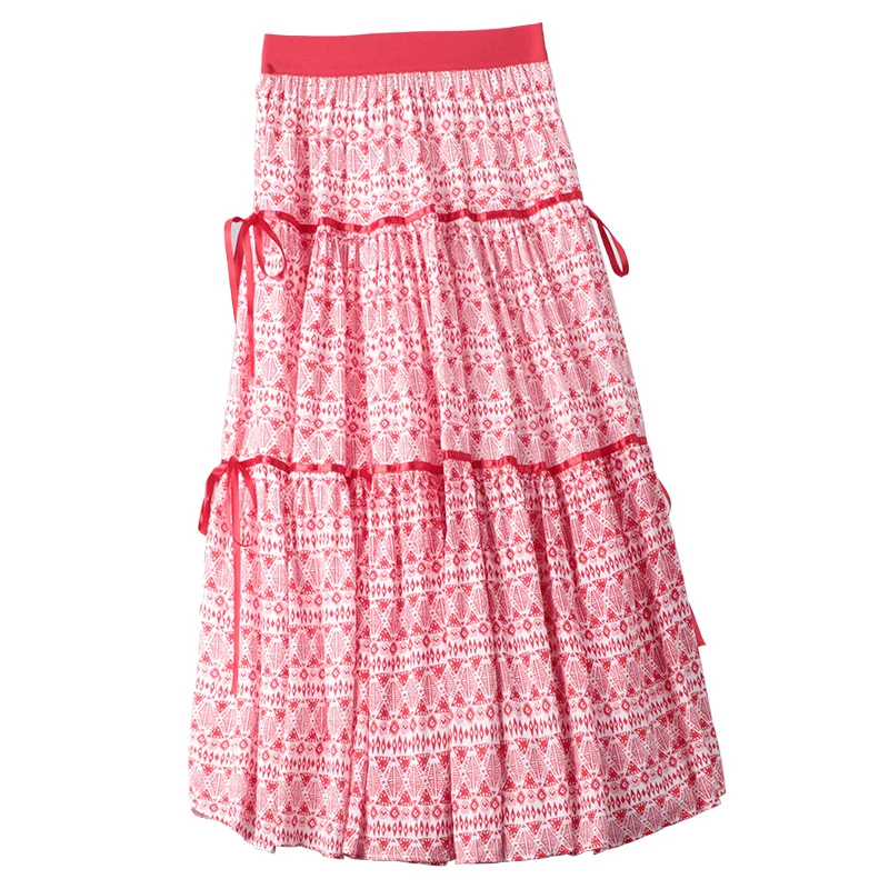 

Summer New Style 2021 Elastic Waist Stitching Printed Bandage Casual All-Match A-Line Large Skirt Women
